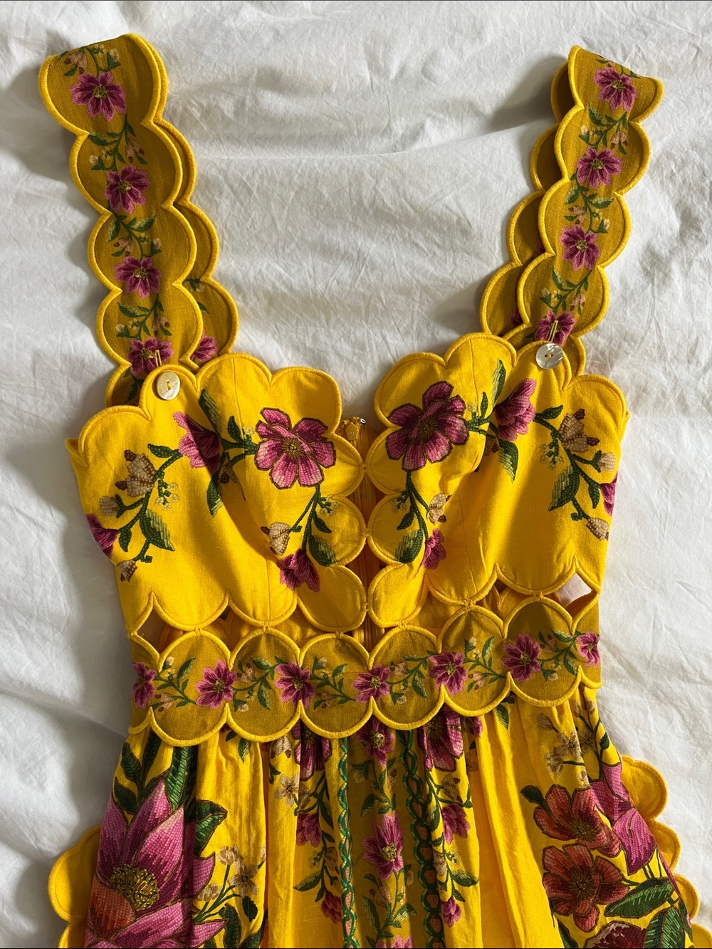 FARM Rio Yellow Summer Fruit Scarf Midi Dress pink floral cutout eyelet scallop - Picture 2 of 15